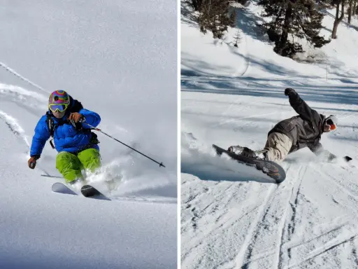 Narciarz w niebieskiej kurtce i snowboardzista w ciemnej kurtce na ośnieżonym stoku.